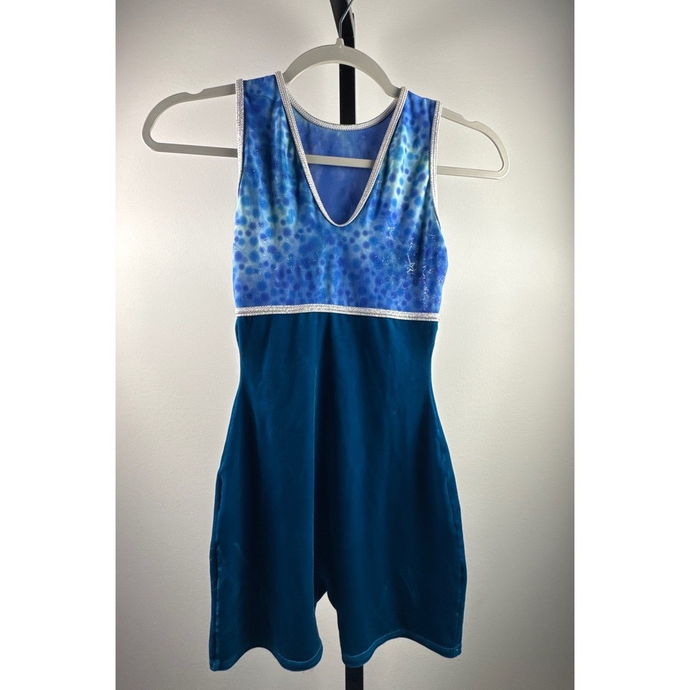 GK Elite Gymnastics Biketard Girls CM Blue Velvet Ombre Silver Trim Excellent